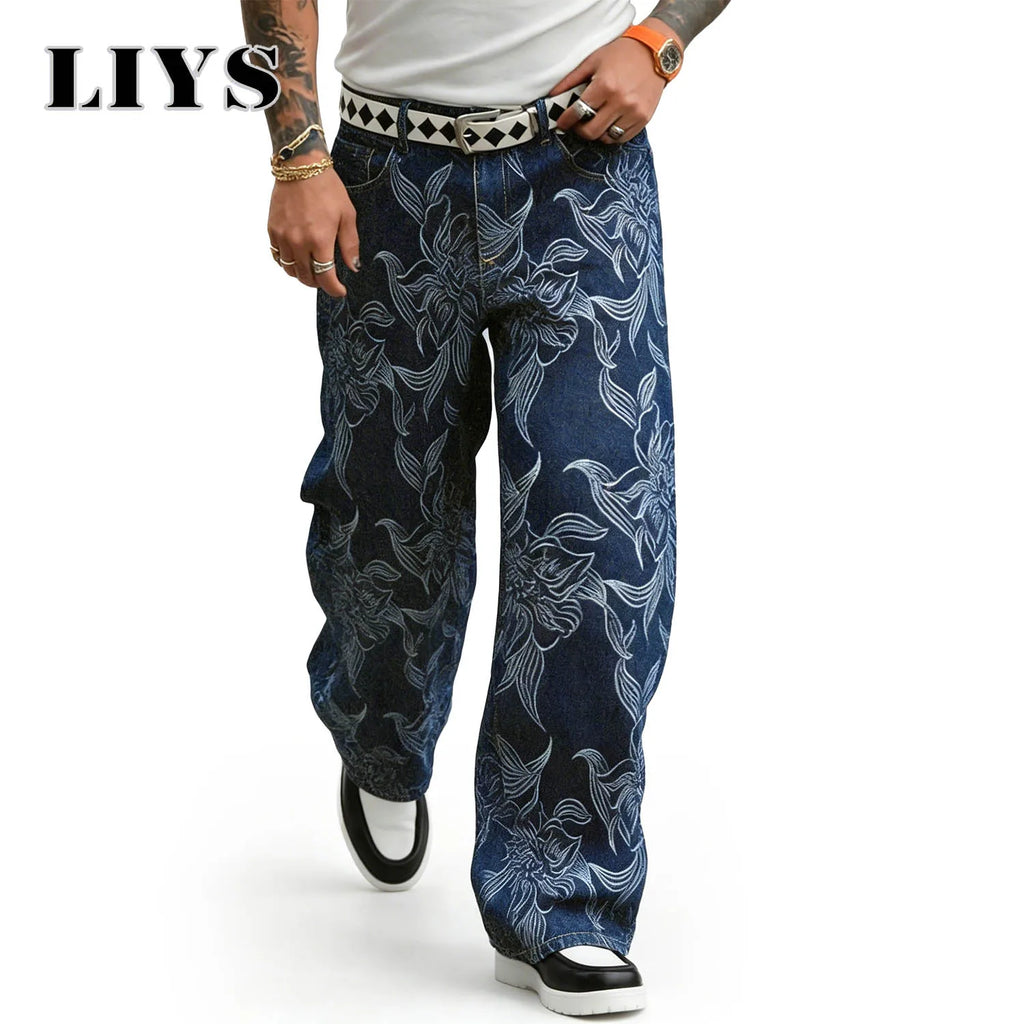 LIYS Men's American Trendy Brand Retro Printed High Street Lazy Leisure Loose Fashion Straight Tube Show Thin Wide Leg Pants