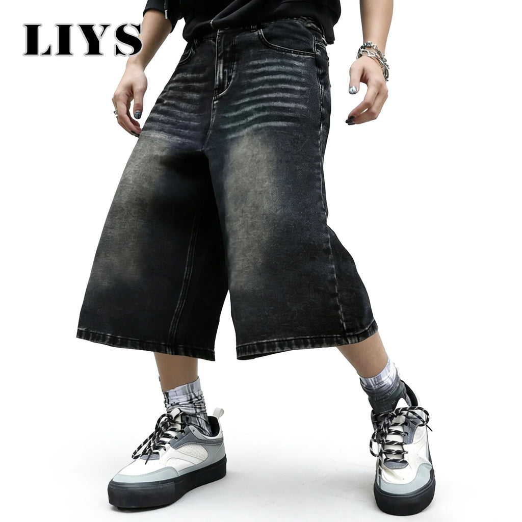 LIYS American Retro Classic Black Ultra Baggy Wide Leg Men's Denim Shorts Spring Summer Casual Oversized Jeans Men's Clothes