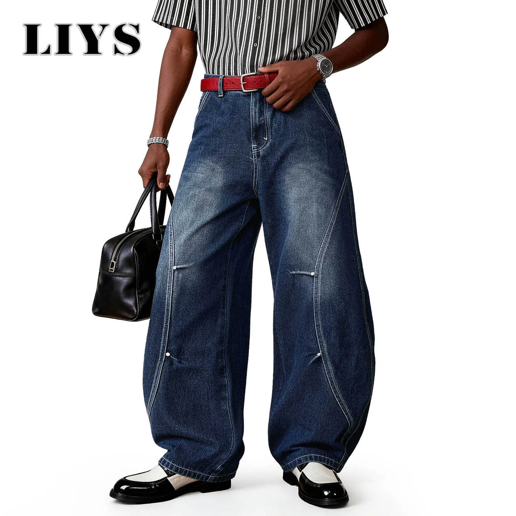 LIYS American Blue Splicing Ultra Baggy Wide Leg Jeans Spring Summer Retro Mid Split Rivet Denim Pants Lantern Balloon Pants ﻿