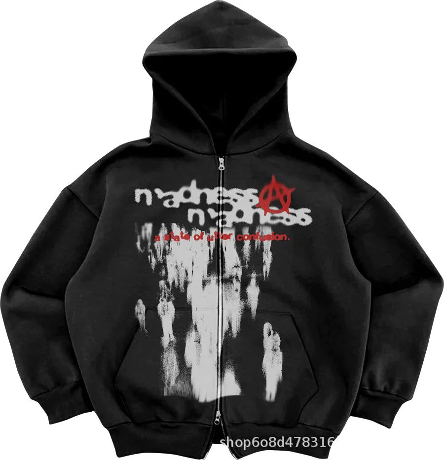 Y2K Zip Up Hoodie Men Streetwear Loose Fit Hooded Sweatshirt Pocket Design Street Style Casual Sport Retro Fashion Autumn Winter