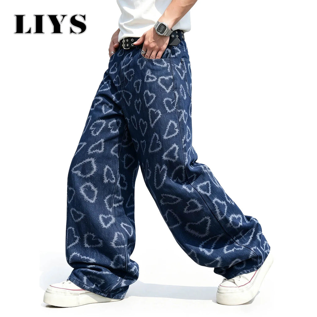 LIYS Men's American High Street Fashion Blue and White Contrast Love Printed Loose Straight Tube Handsome Y2K Wide Leg Jeans