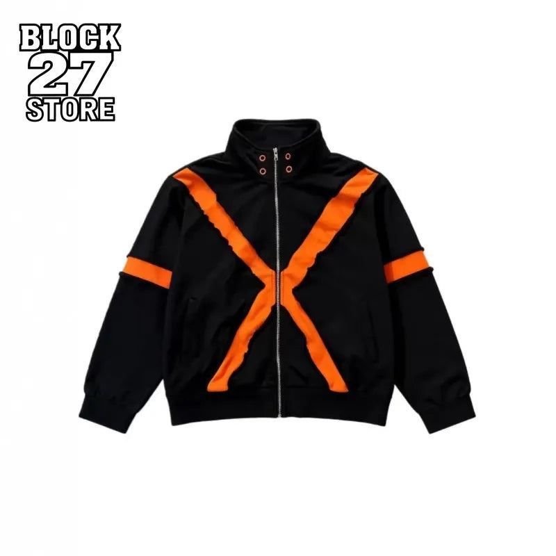 Mens Jacket Harajuku American Streetwear Color Block Patchwork Zip Up Long Sleeve Coat Loose Fit Casual Unisex Fashion Trend New