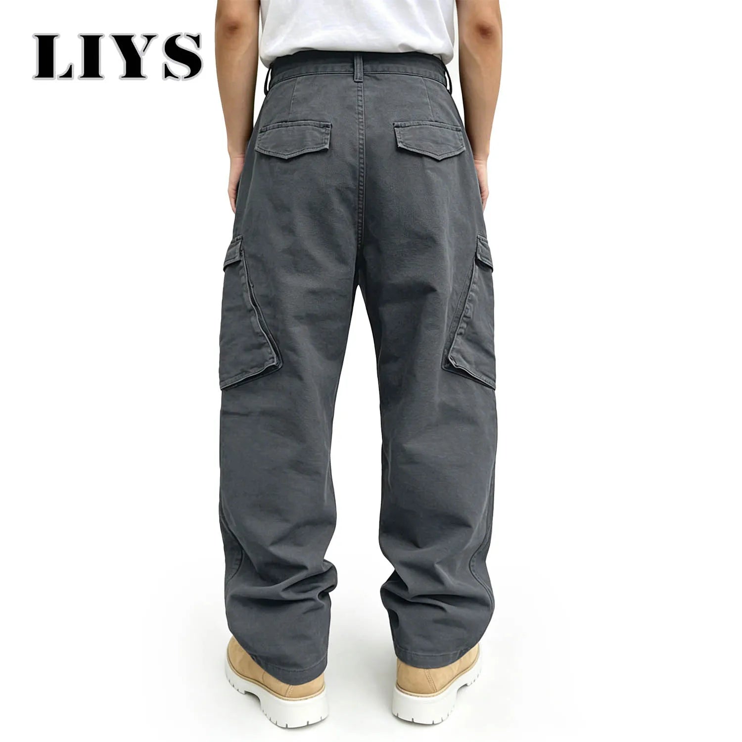 LIYS Men's American Fashion Brand Minimalist Retro High Street Gray Toned Workwear Washed Jeans Loose Wide Leg Straight Tube