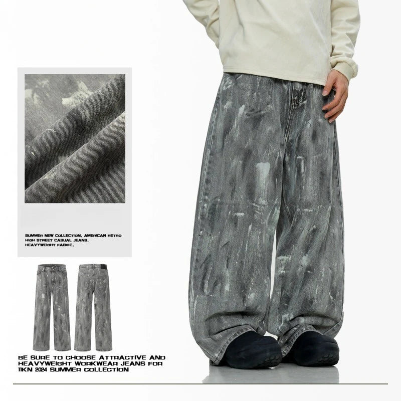 Mens Jeans Harajuku American Vintage Streetwear Snow Gray Washed Denim Pants Loose Fit Straight Wide Leg Casual Retro Trend New