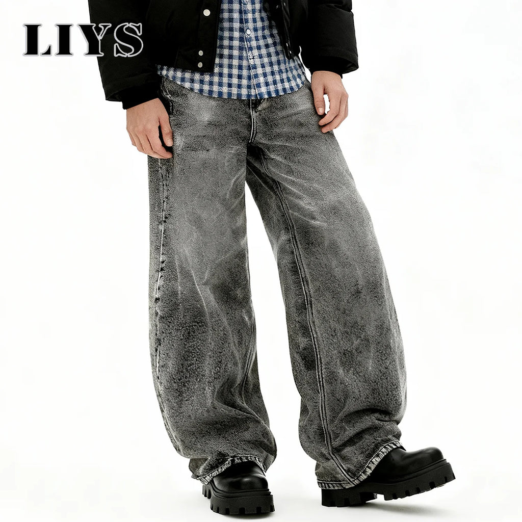 LIYS American Retro Men's Oversized Baggy Wide Leg Jeans Korean Casual Ultra Loose Straight Leg Denim Pants Unisex Drip Jeans