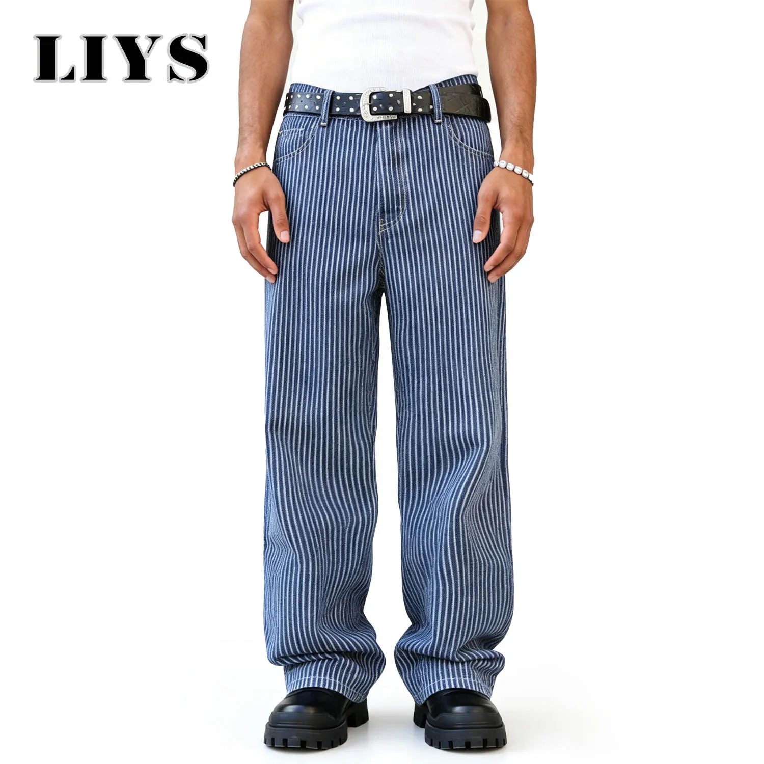 LIYS Men's American Fashion Brand Classic Retro Striped High Street Casual Lazy Business Wide Leg Straight Leg Jeans Oversized