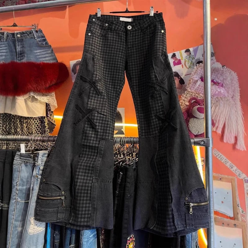 Mens Jeans Y2K Dark Plaid Patchwork Flared Denim Pants Harajuku Unisex Loose Fit Vintage Streetwear Casual Fashion Trend Arrival