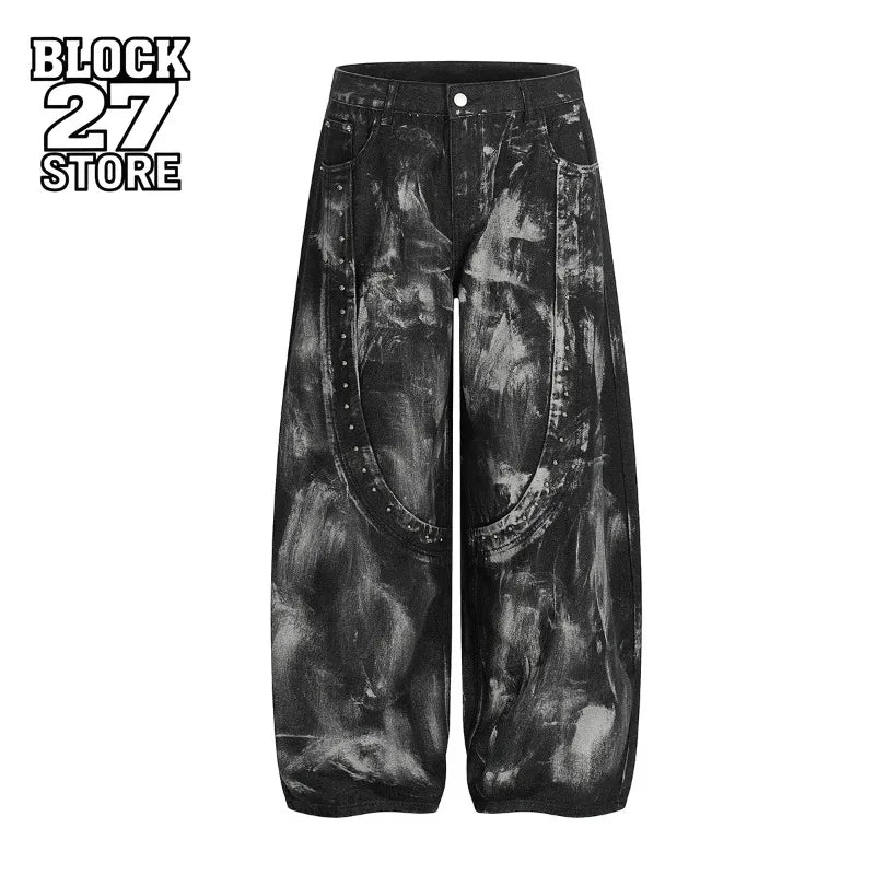 Mens Jeans Harajuku American High Street RO Style Washed Dirty Dye Denim Pants Rivet Wide Leg Loose Fit Vintage Streetwear Trend