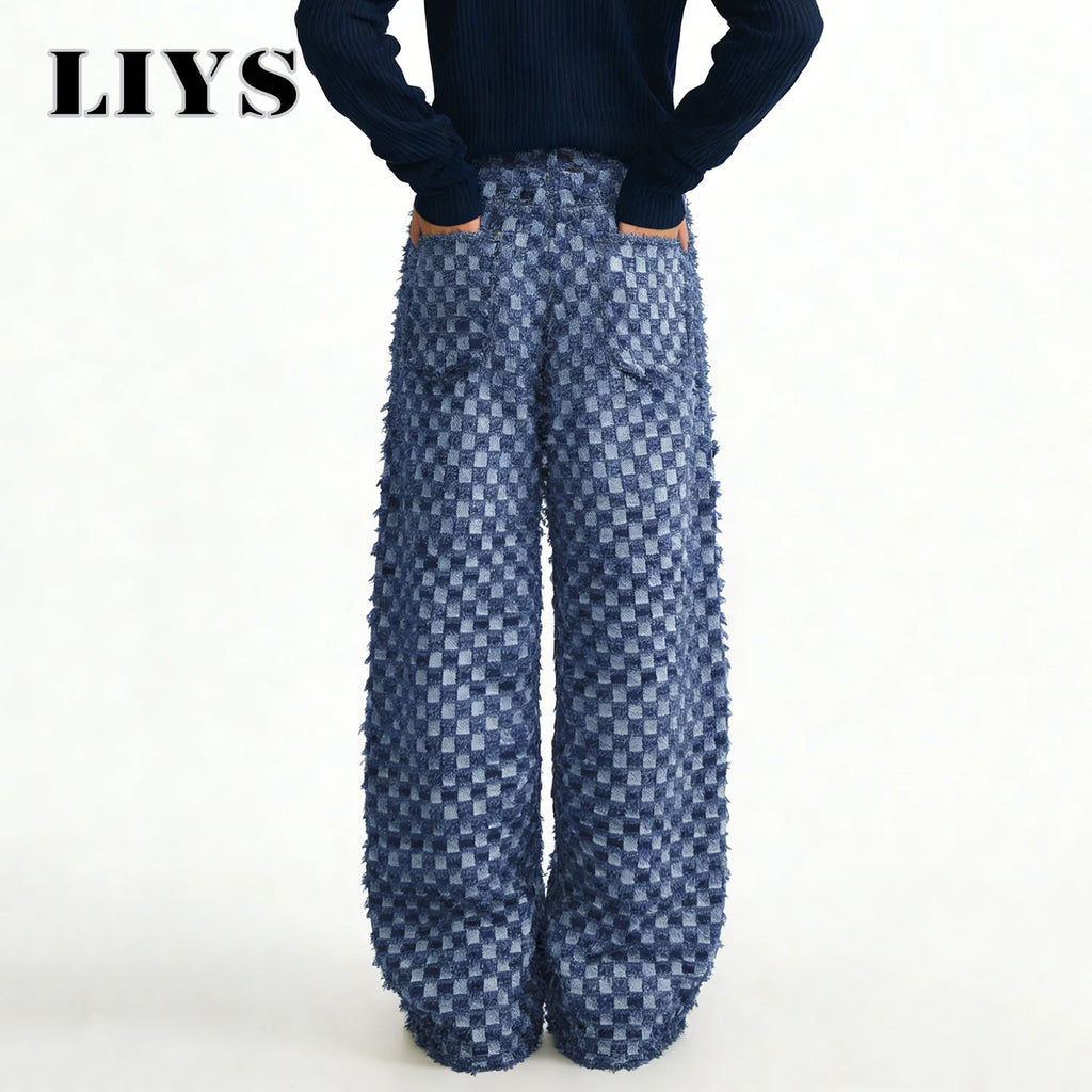 LIYS Japanese Korean Style Checkerboard Jacquard Baggy Wide-leg Jeans Trend Jacquard Casual straight leg Denim Pants Unisex
