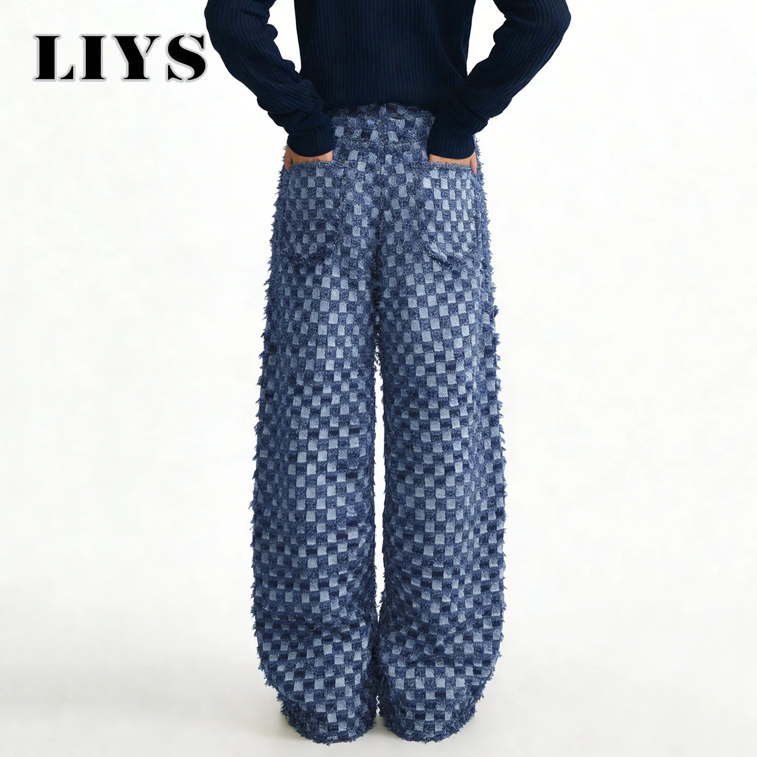 LIYS Japanese Korean Style Checkerboard Jacquard Baggy Wide-leg Jeans Trend Jacquard Casual straight leg Denim Pants Unisex