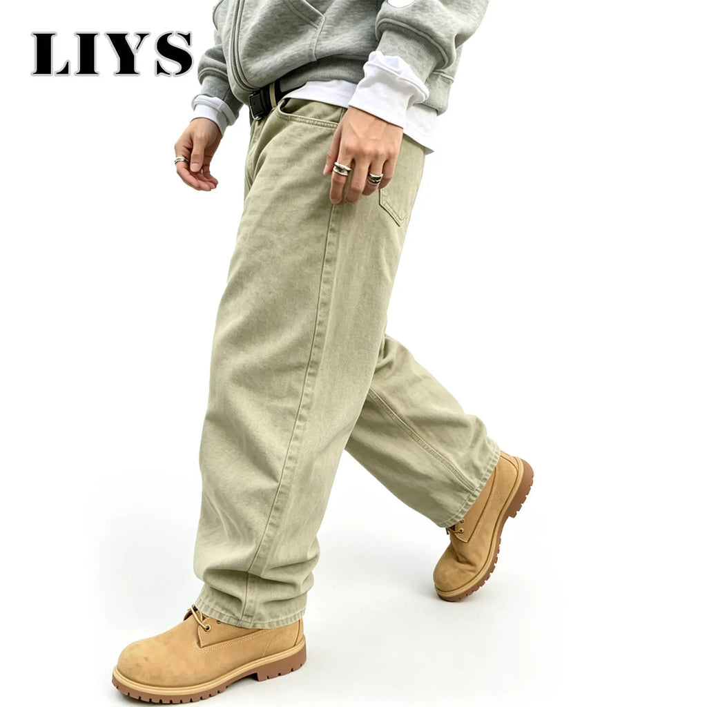 LIYS Men's American Retro Light Khaki Wide Leg Curved Jeans Loose Straight Tube Washed Work Pants High Street Fashion Versatile