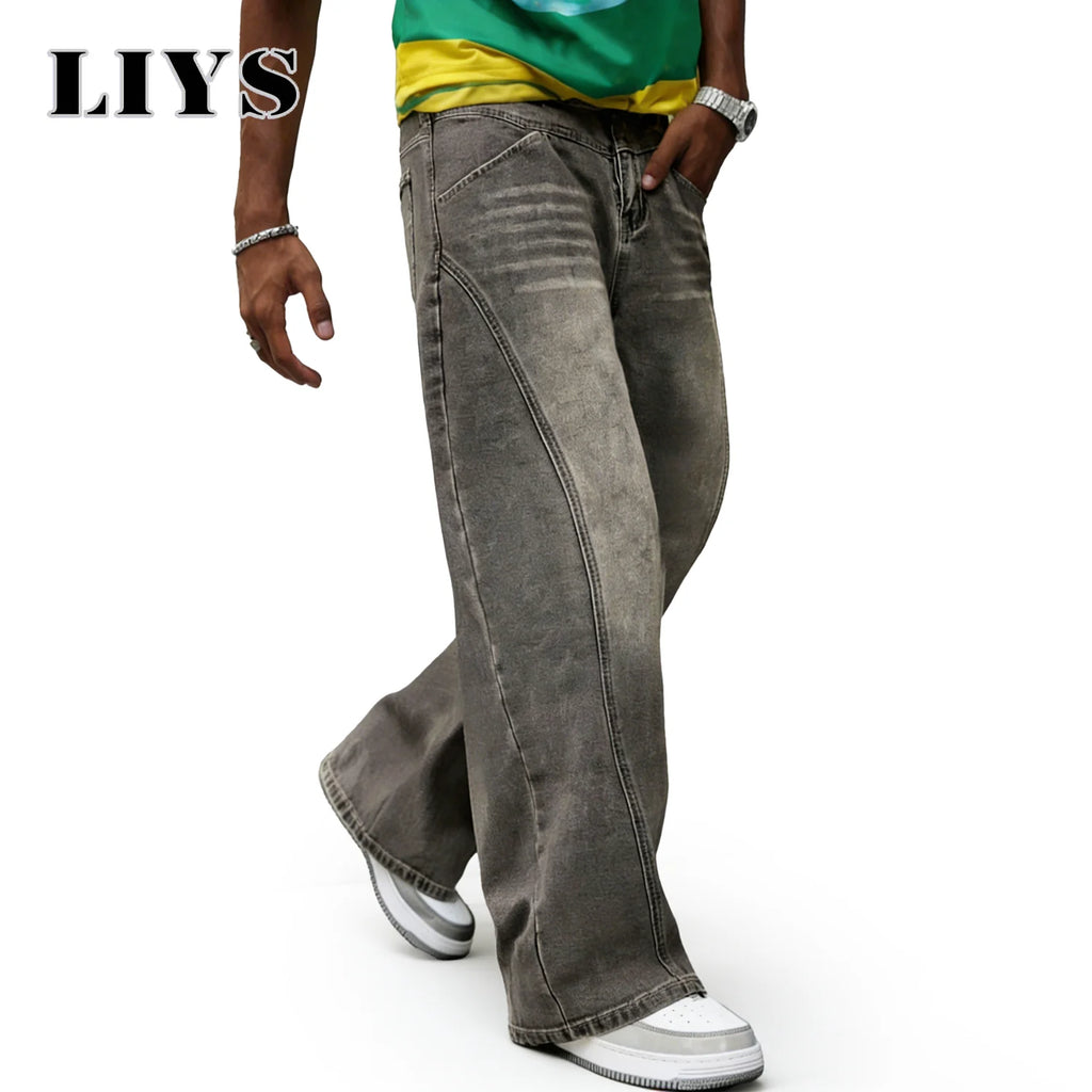 LIYS Men's American Retro Washed Ultra Baggy Wide Leg Jeans Four Seasons Split Splicing Denim Pants Unisex Denim Mopping Pants