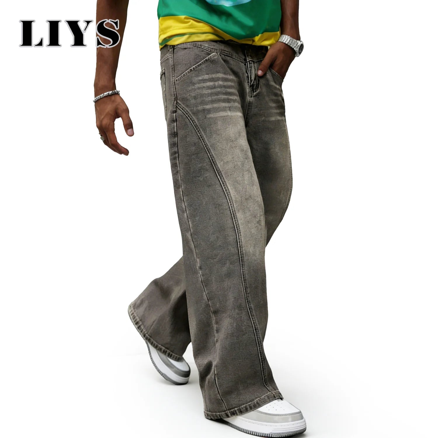 LIYS Men's American Retro Washed Ultra Baggy Wide Leg Jeans Four Seasons Split Splicing Denim Pants Unisex Denim Mopping Pants