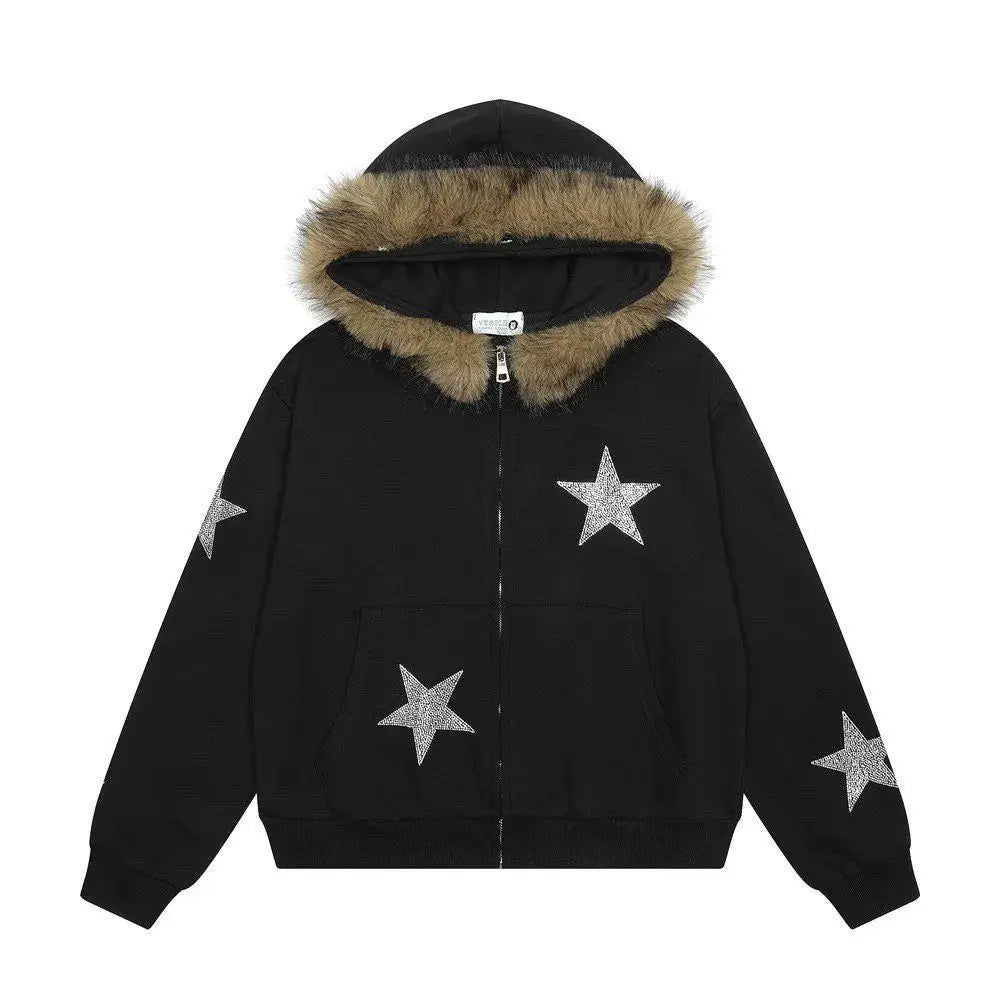 American Vintage Star Rhinestone Zip Up Hoodie Women Men Fur Collar Detachable Design Loose Winter Warm Y2K Streetwear Jacket