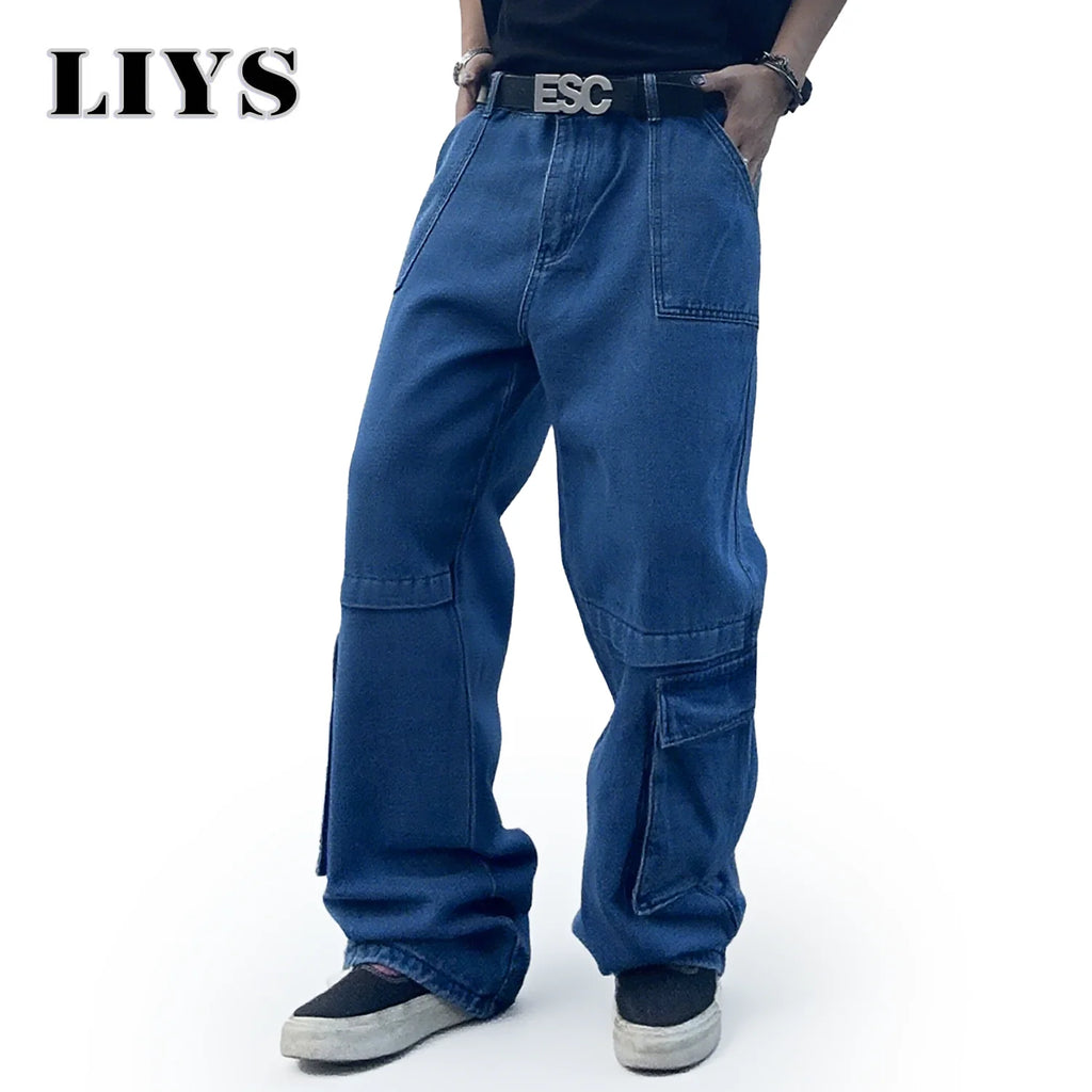 LIYS Men's Cargo Multi Pocket Workwear Jeans Solid Color Baggy Straight Leg Denim Pants Baggy Jeans Man Work Clothes Goth Pants