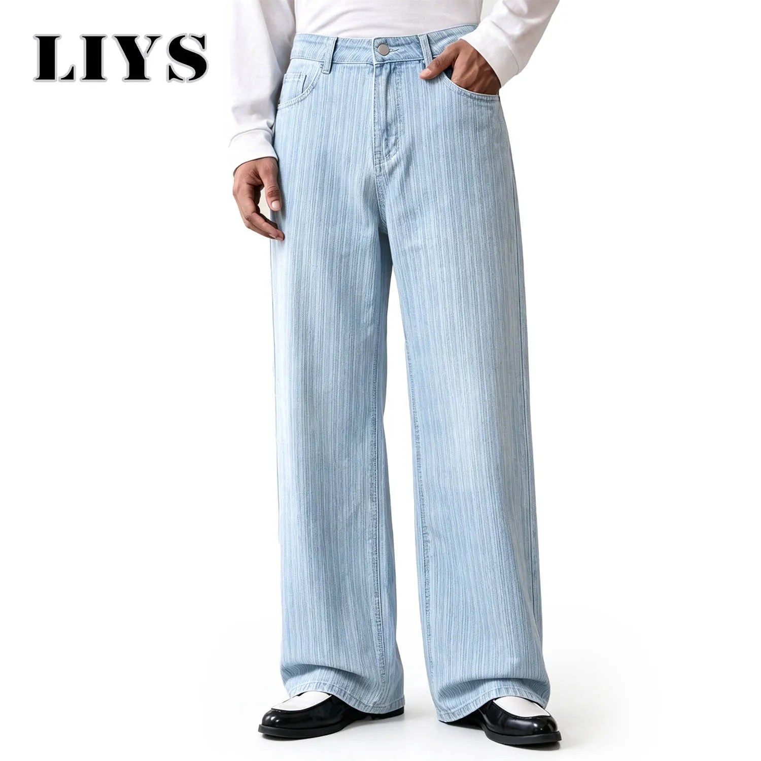 LIYS American Business Casual Light Blue Vertical Stripe Washed Wide Leg Jeans for Men High Street Retro Loose and Slim Straight