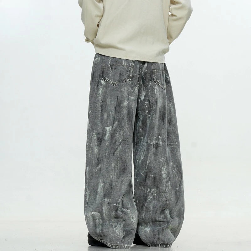Mens Jeans Harajuku American Vintage Streetwear Snow Gray Washed Denim Pants Loose Fit Straight Wide Leg Casual Retro Trend New