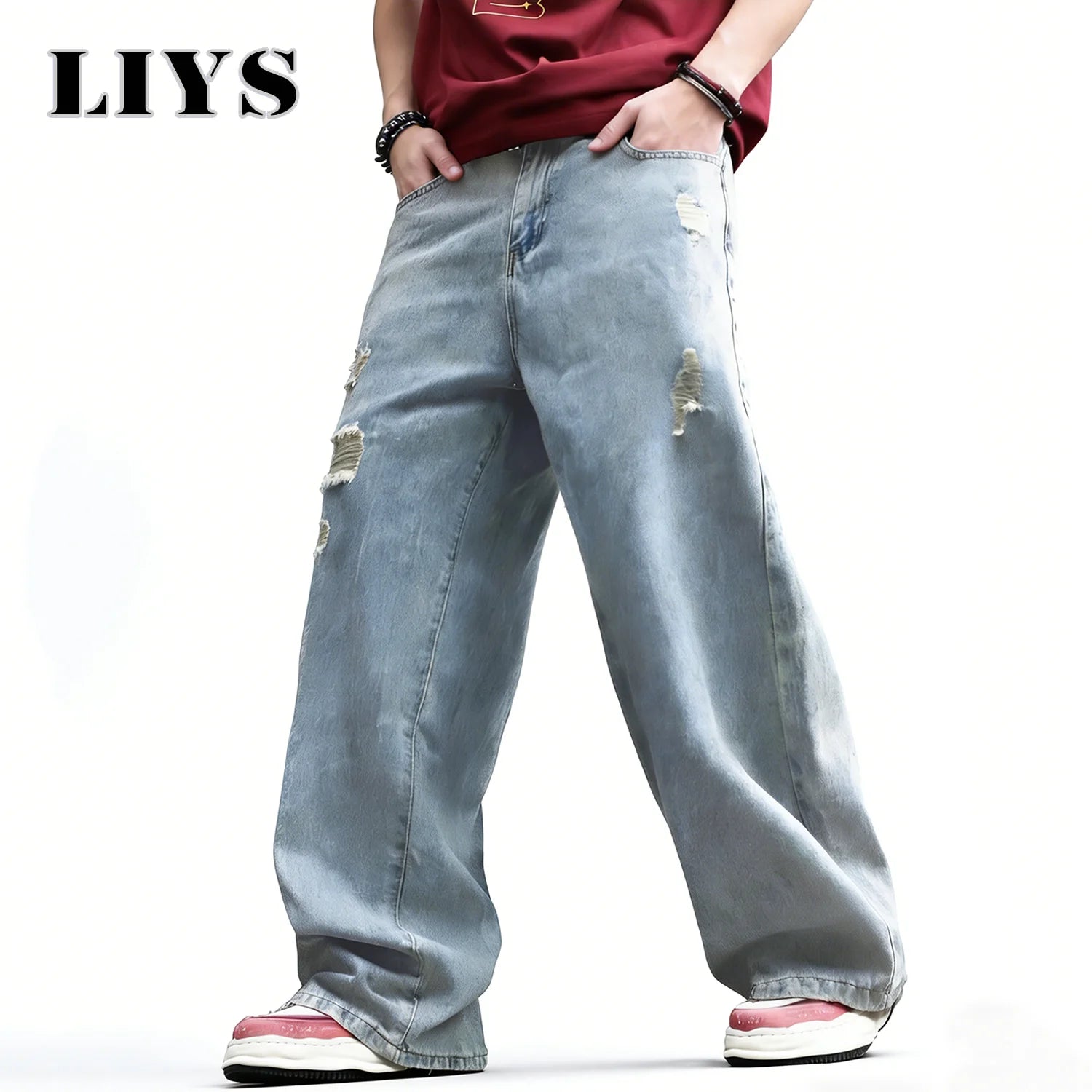LIYS American Retro Men's Ultra Baggy Wide Leg Jeans High Street Oversized Loose Ripped Denim Pants Light Color Simple Jeans