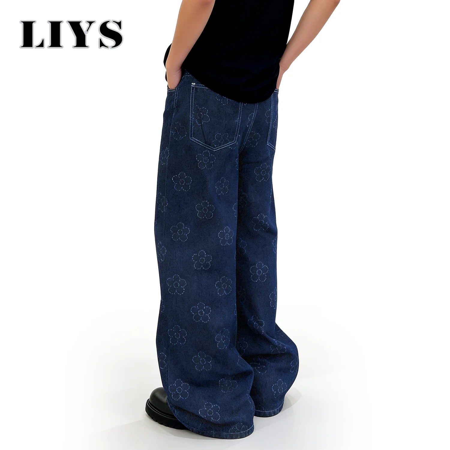 LIYS Japanese-Korean Style Men's Baggy Jacquard Wide-leg Jeans With Floral Crochet Fabric American Retro Style Unisex Pants