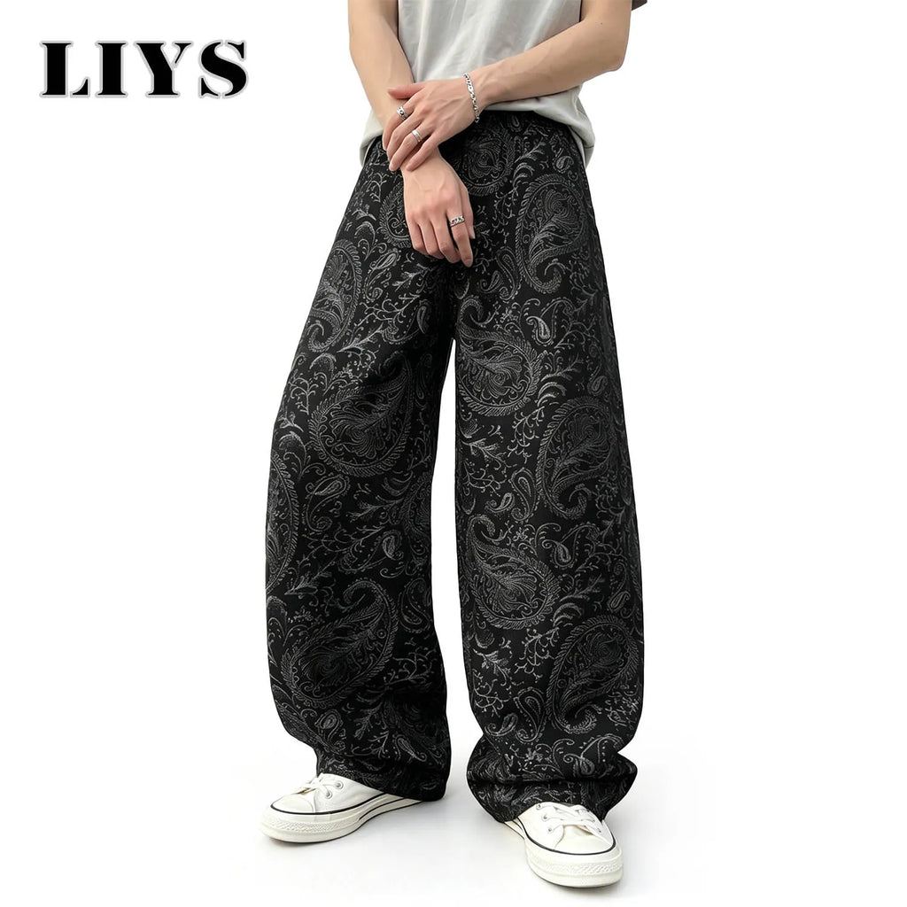 LIYS Men's American Trendy Brand Dark Cashew Flower Full Print Jeans Loose Oversize High Street Loose Straight Tube Casual