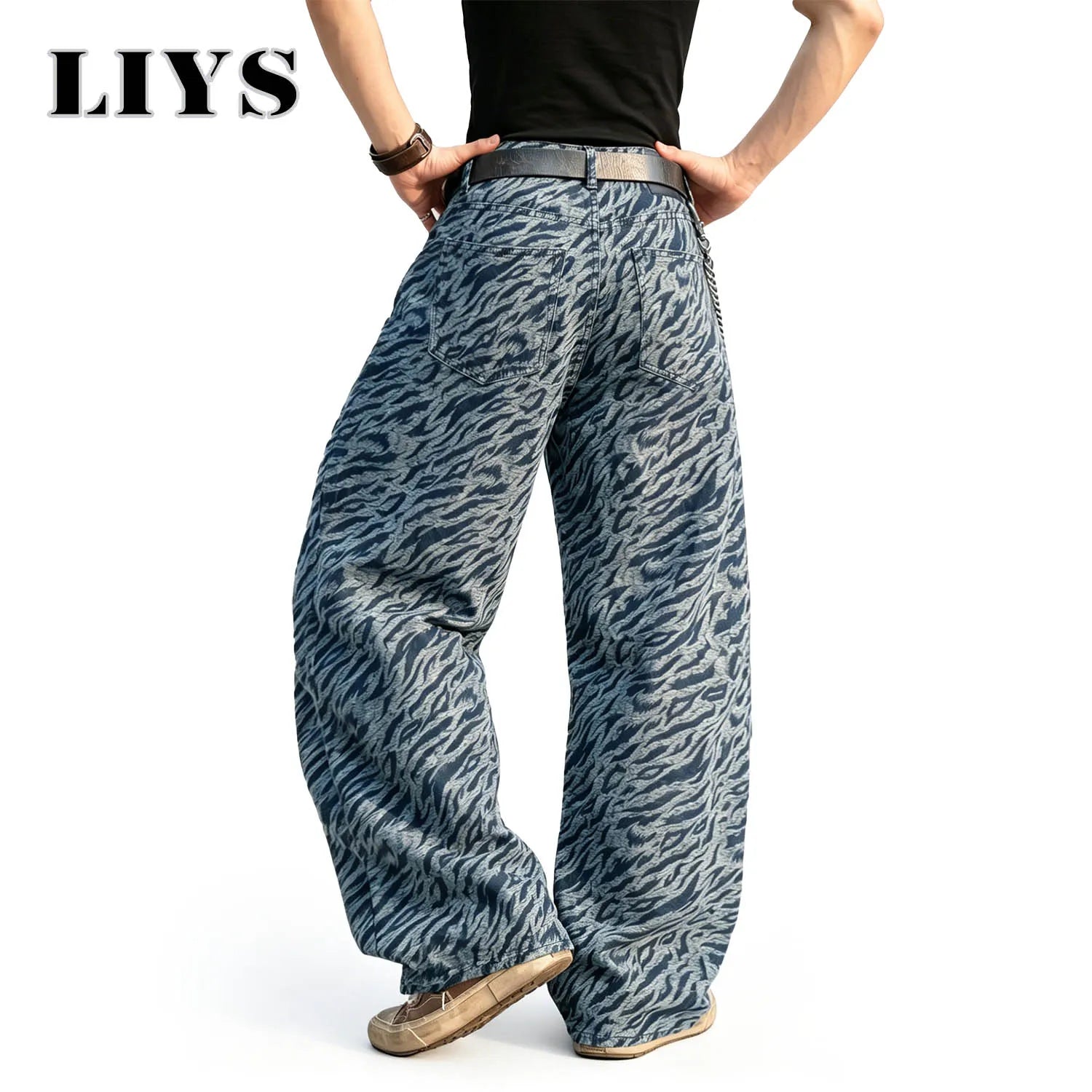 LIYS Men's American Retro Zebra Print High Street Casual Fashion Versatile Slimming Loose Oversized Wide Leg Pants Street Style