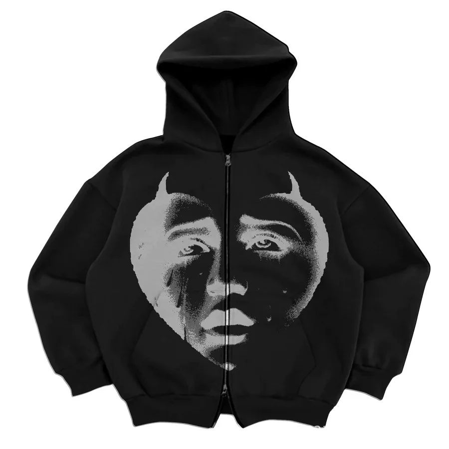 Y2K Zip Up Hoodie Men Streetwear Loose Fit Hooded Sweatshirt Pocket Design Street Style Casual Sport Retro Fashion Autumn Winter