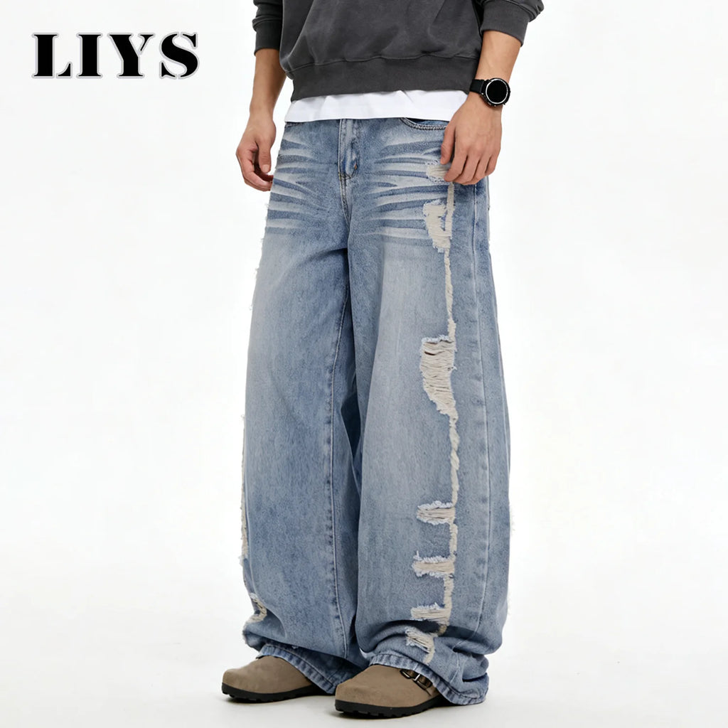 Men's American Retro High Street Blue Baggy Wide Leg Jeans Korean Side Ripped Loose Jeans Personalized Design Unisex Denim Pants
