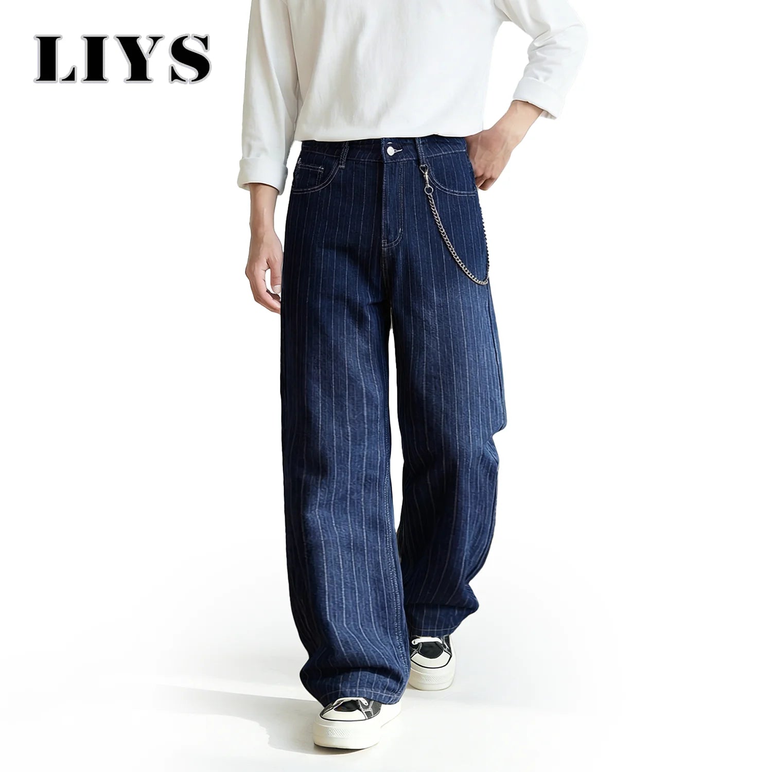 LIYS Japanese-Korean Style Striped Pair Jacquard Straight Leg Men's Jeans American Retro Striped Business Straight Denim Pants