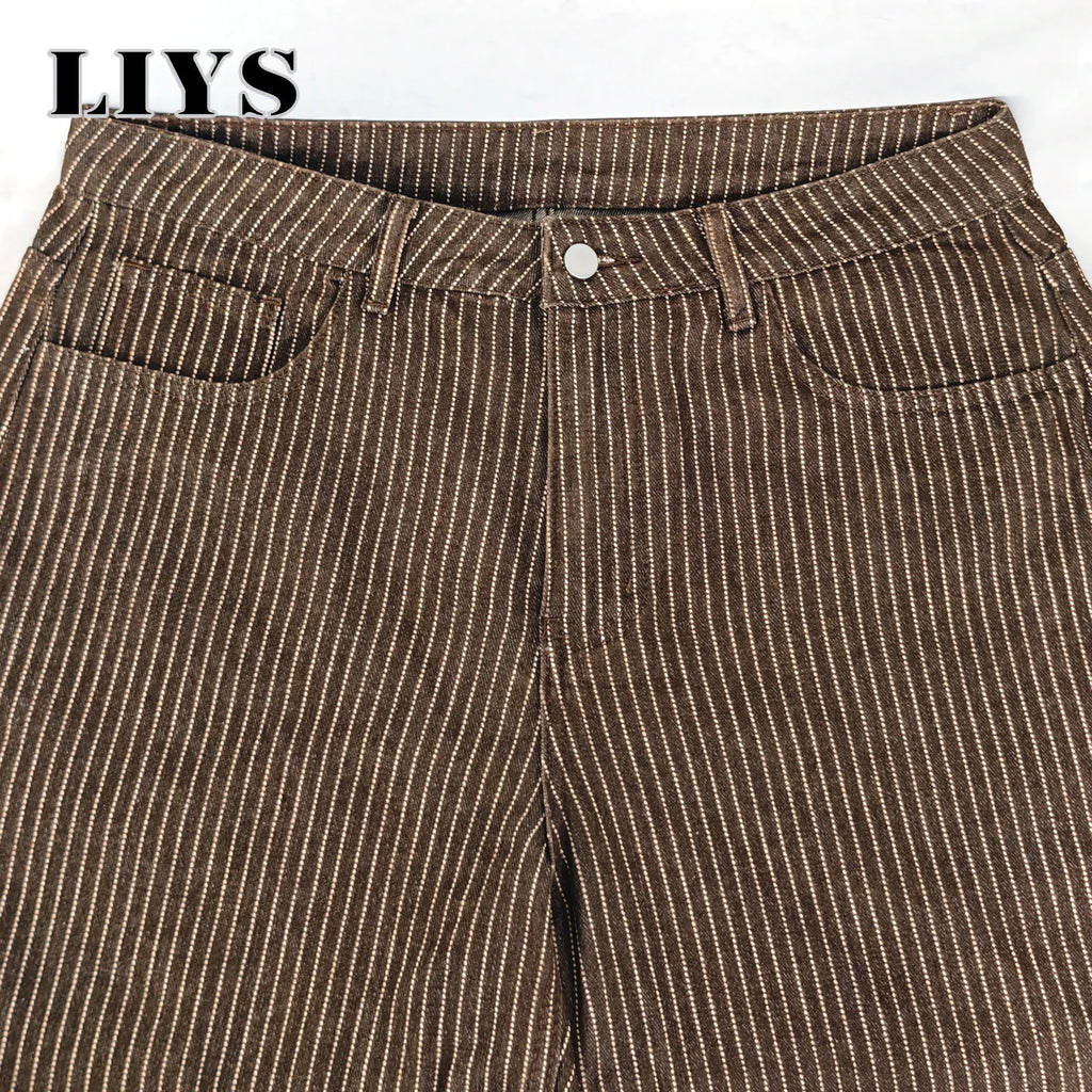 LIYS Japanese Korean Vertical Striped Jacquard Wide-leg Jeans British Retro Striped Business Casual Baggy-Fitting Denim Pants