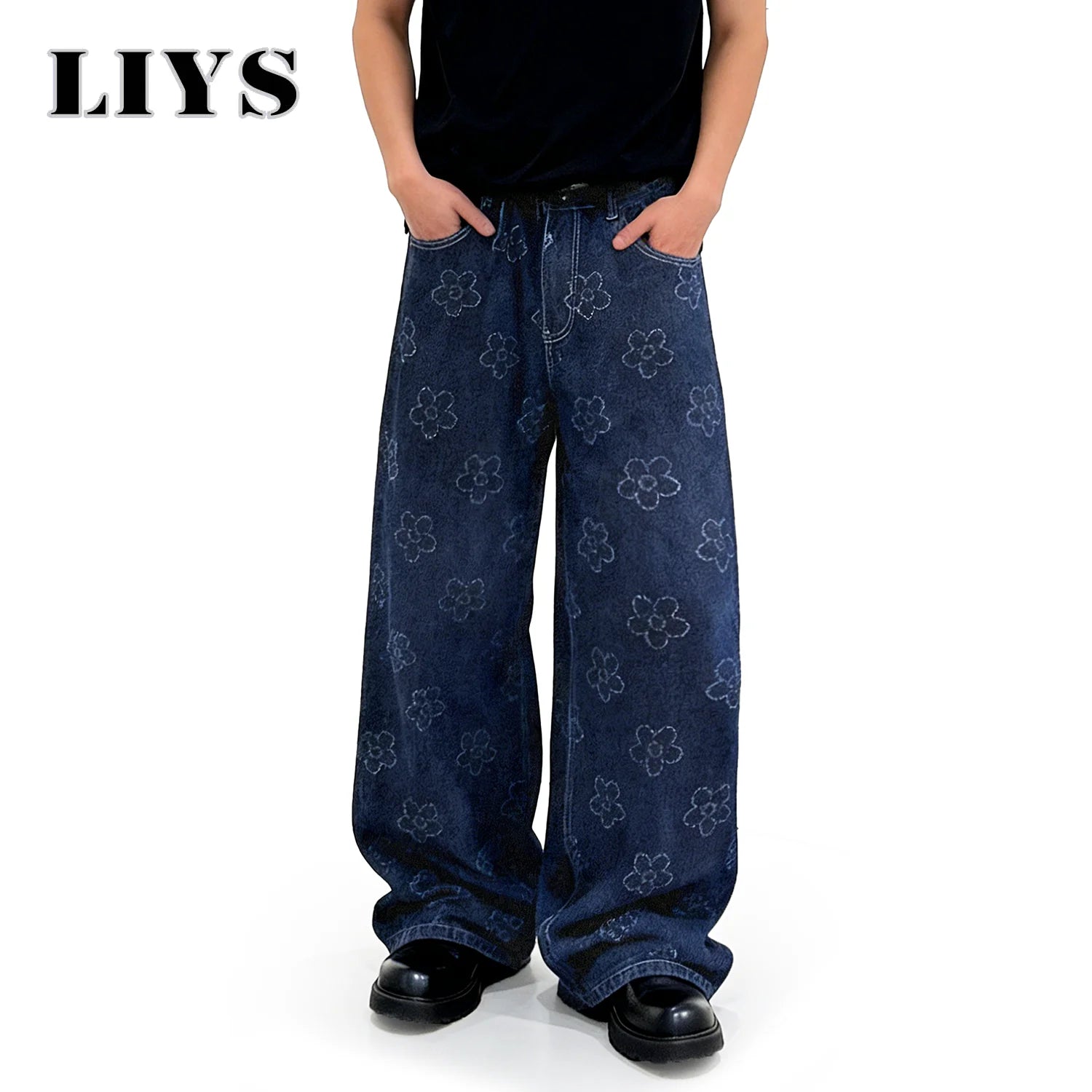 LIYS Japanese-Korean Style Men's Baggy Jacquard Wide-leg Jeans With Floral Crochet Fabric American Retro Style Unisex Pants
