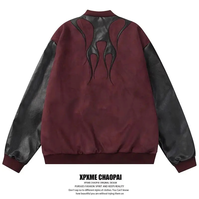 Mens Jacket Vintage Streetwear Burgundy Black PU Patchwork Baseball Collar Zip Up Coat Flame Design Loose Fit Retro Biker Style