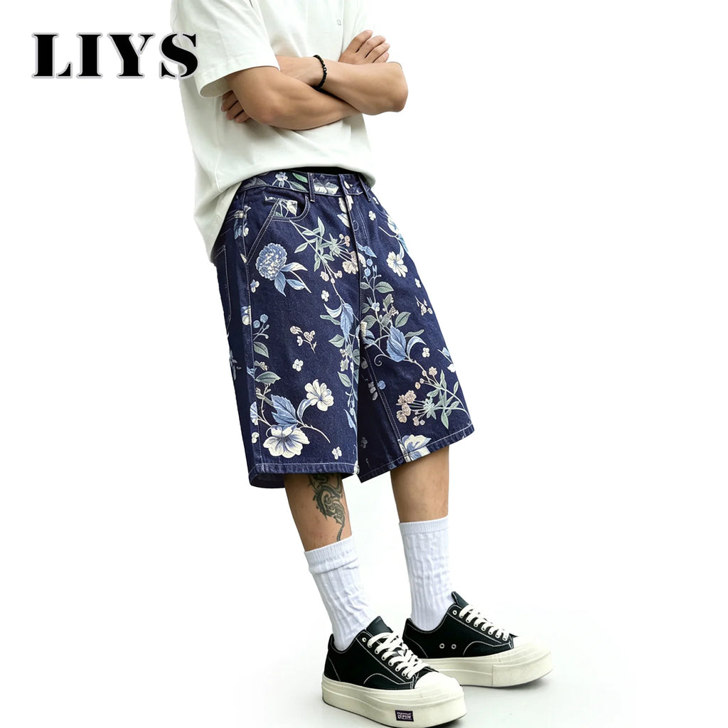 LIYS Japanese Korean Floral Print Jacquard Baggy Wide-leg Jeans Shorts American Street Fashion Shorts Elegant College Style ﻿