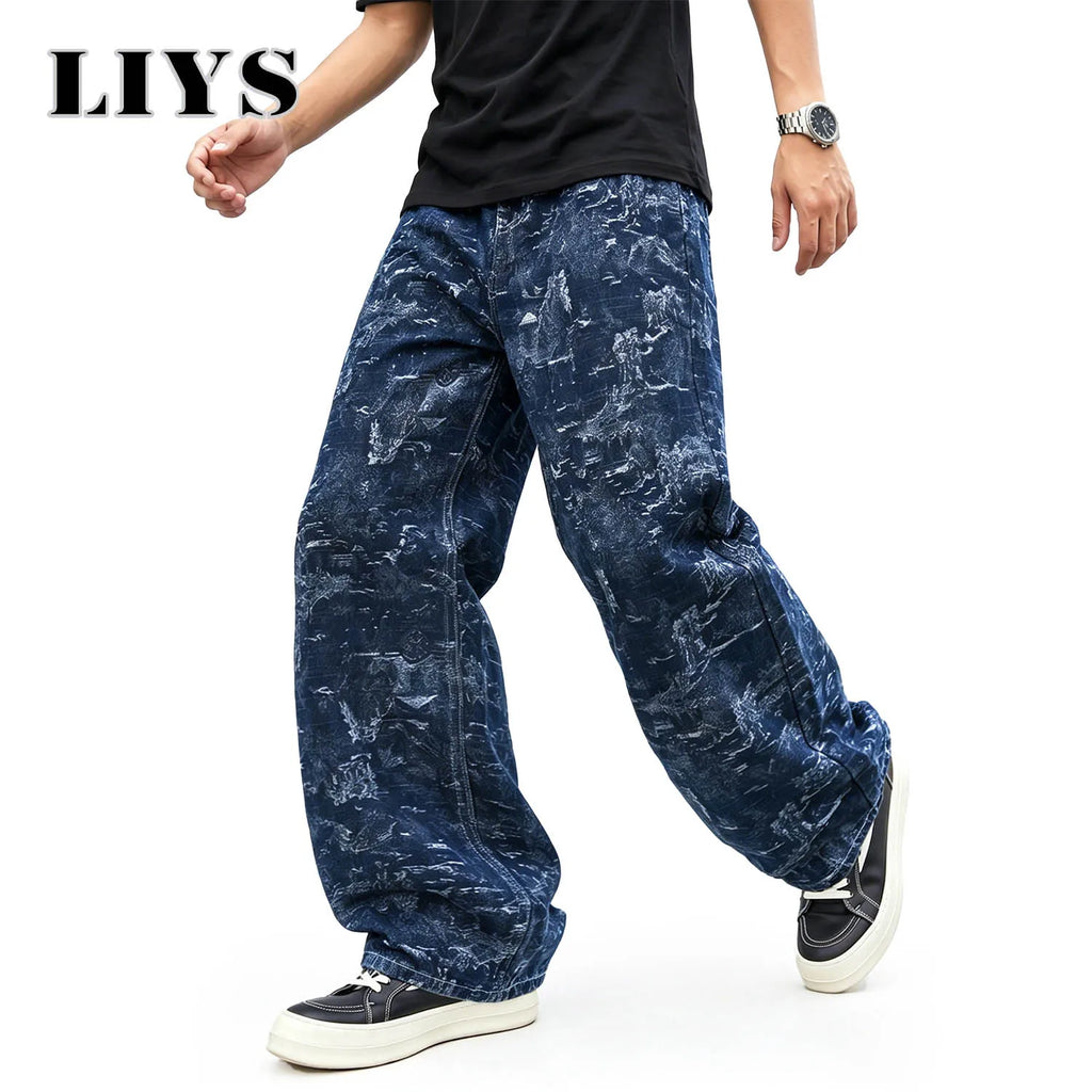 LIYS Four Seasons American Men's High Street Retro Dark Jacquard Wide Leg Jeans American Street Hip Hop Fashion Straight Tube