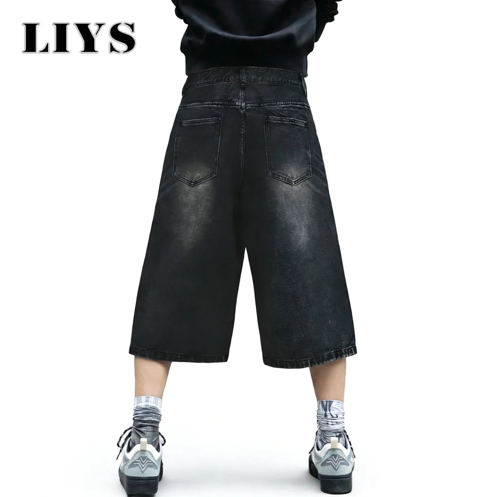 LIYS American Retro Classic Black Ultra Baggy Wide Leg Men's Denim Shorts Spring Summer Casual Oversized Jeans Men's Clothes