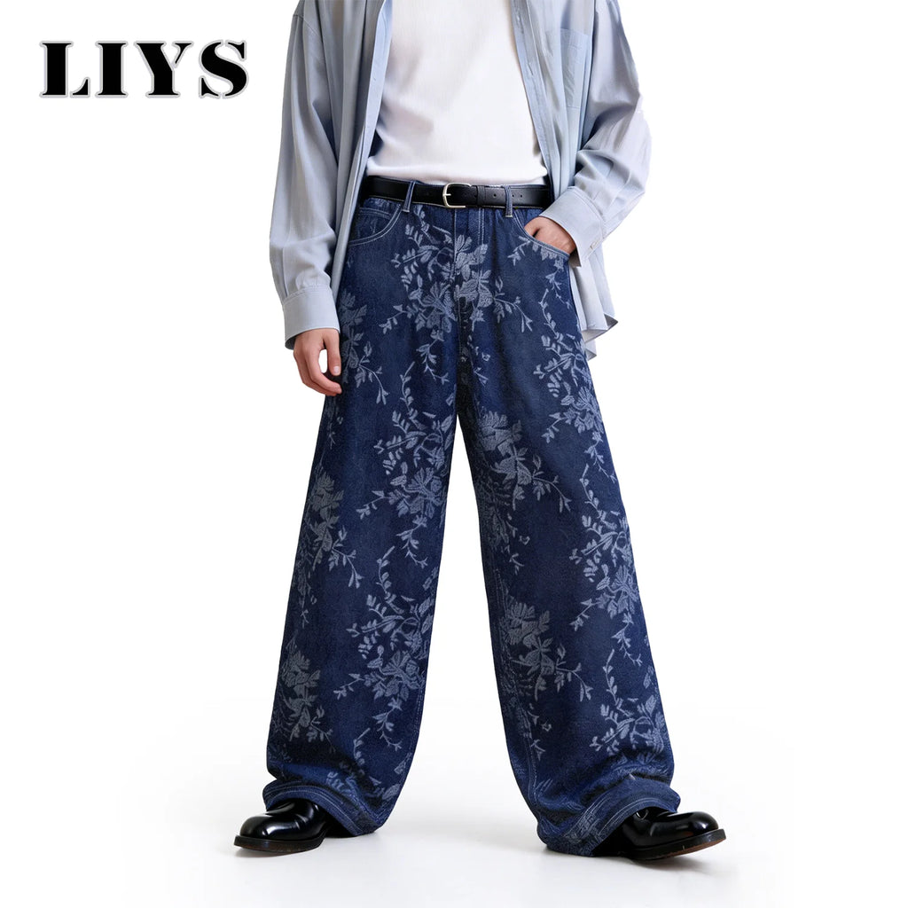 LIYS Japanese Korean Style Orchid Jacquard Fabric Baggy Wide-leg Jeans American Retro Jacquard Wide-leg Casual Denim Pants