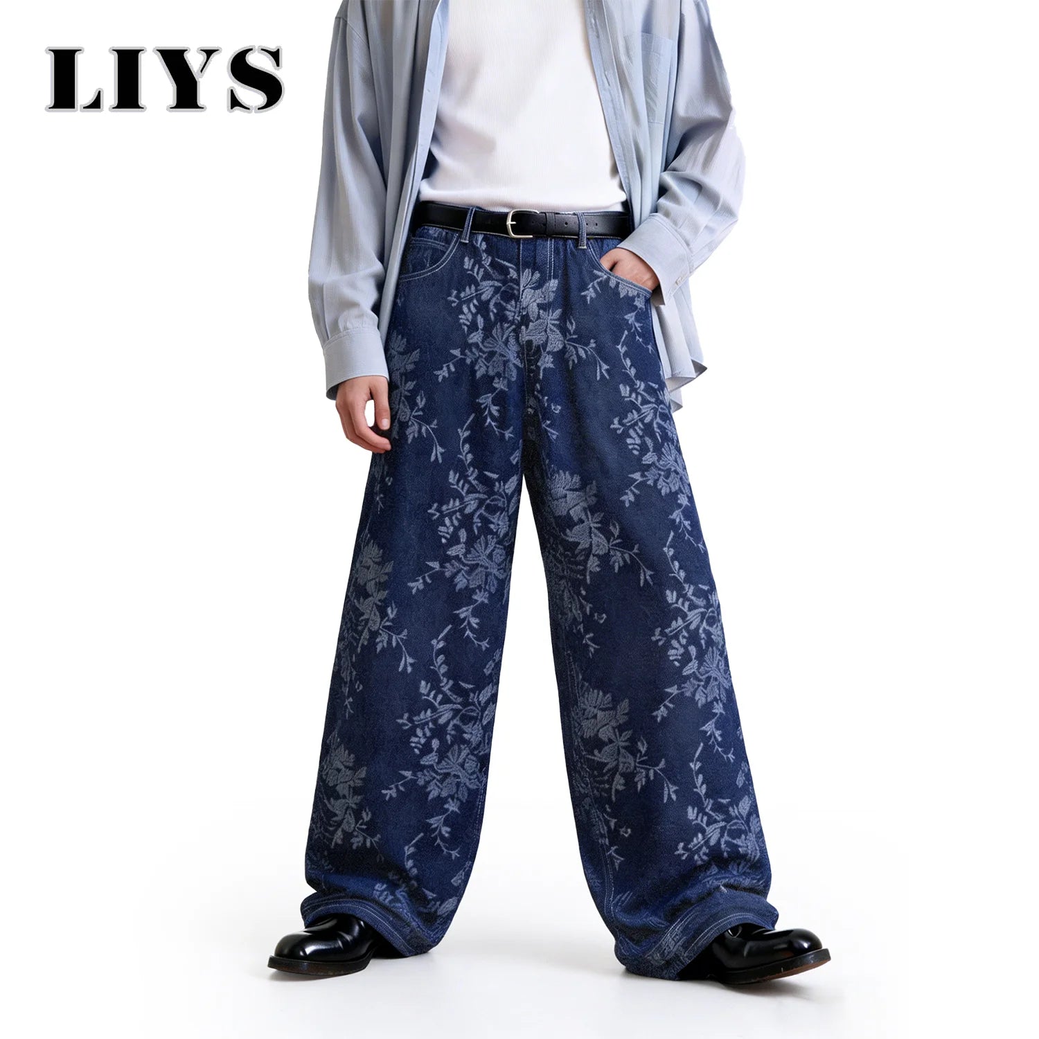 LIYS Japanese Korean Style Orchid Jacquard Fabric Baggy Wide-leg Jeans American Retro Jacquard Wide-leg Casual Denim Pants