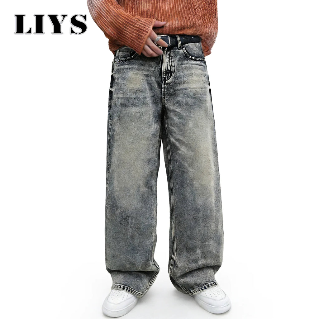 LIYS American Retro Stir Fried Snowflake Washed Ultra Baggy Wide Leg Jeans Men Women Street Denim Pants Unisex Mopping Pants