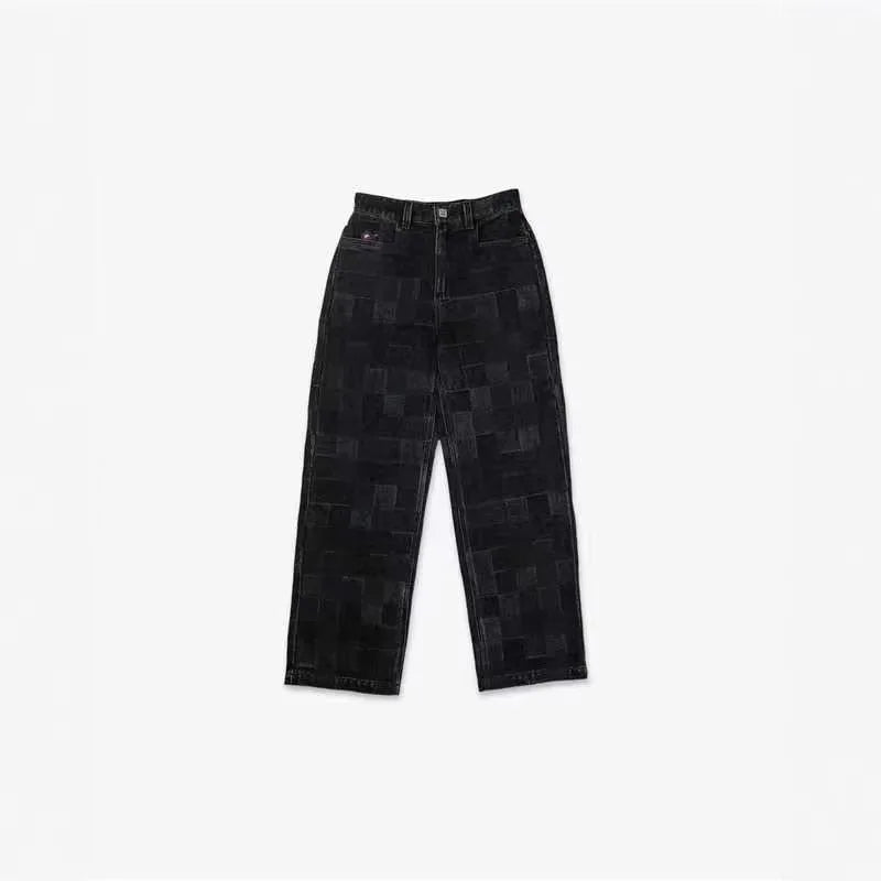 Mens Jeans Harajuku American High Street Streetwear Premium Wide Leg Denim Pants Straight Fit Spring Summer Plaid Casual Unisex