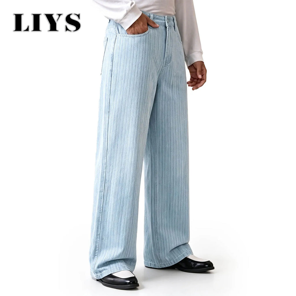 LIYS American Business Casual Light Blue Vertical Stripe Washed Wide Leg Jeans for Men High Street Retro Loose and Slim Straight