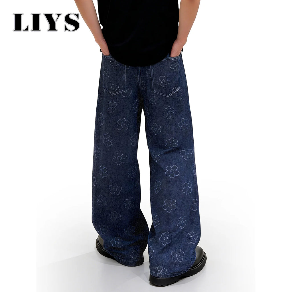 LIYS Japanese-Korean Style Men's Baggy Jacquard Wide-leg Jeans With Floral Crochet Fabric American Retro Style Unisex Pants