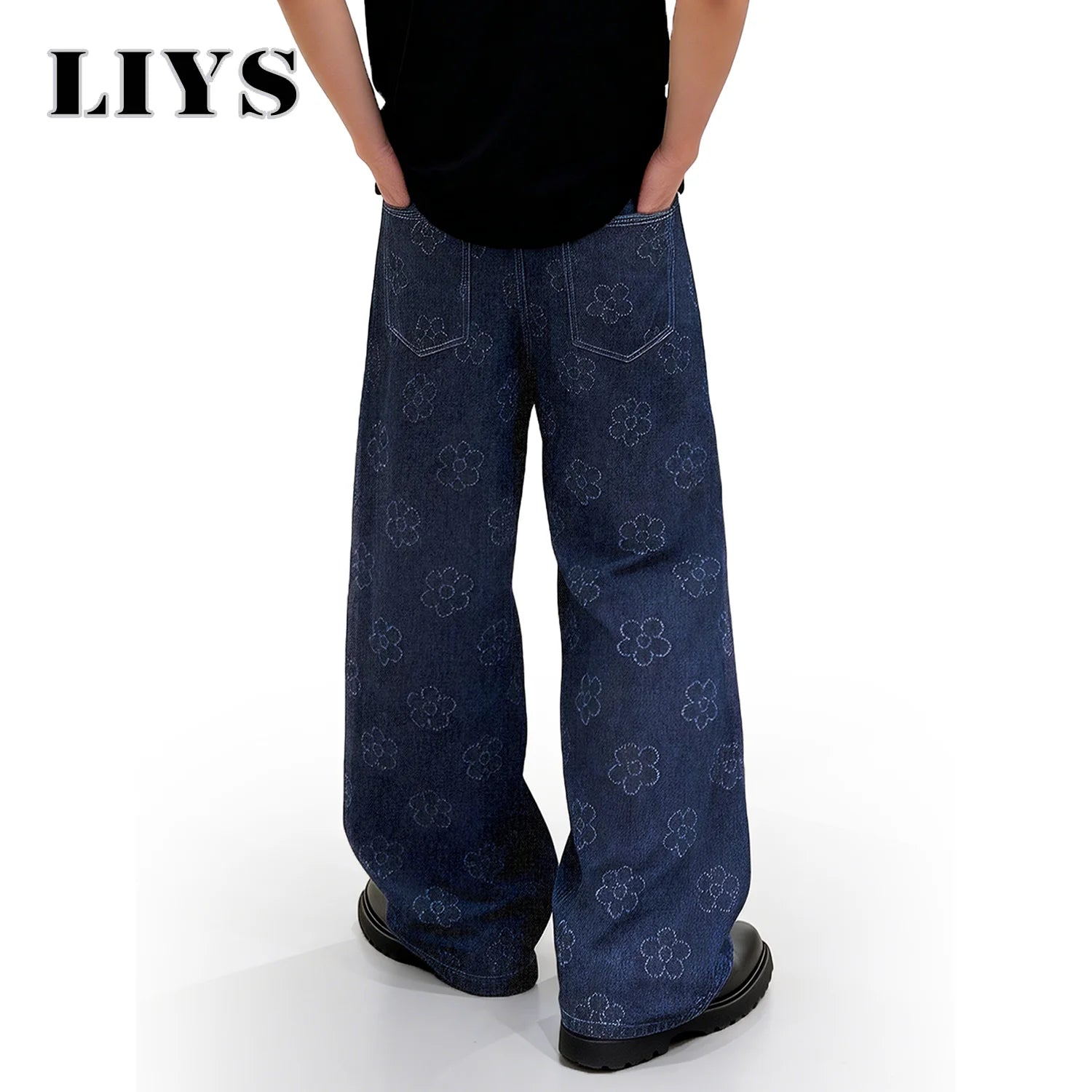 LIYS Japanese-Korean Style Men's Baggy Jacquard Wide-leg Jeans With Floral Crochet Fabric American Retro Style Unisex Pants