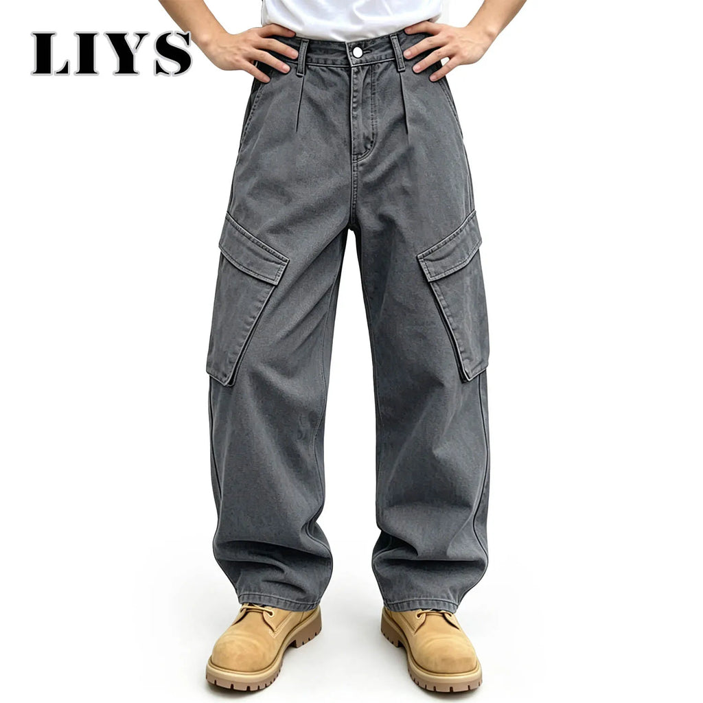 LIYS Men's American Fashion Brand Minimalist Retro High Street Gray Toned Workwear Washed Jeans Loose Wide Leg Straight Tube
