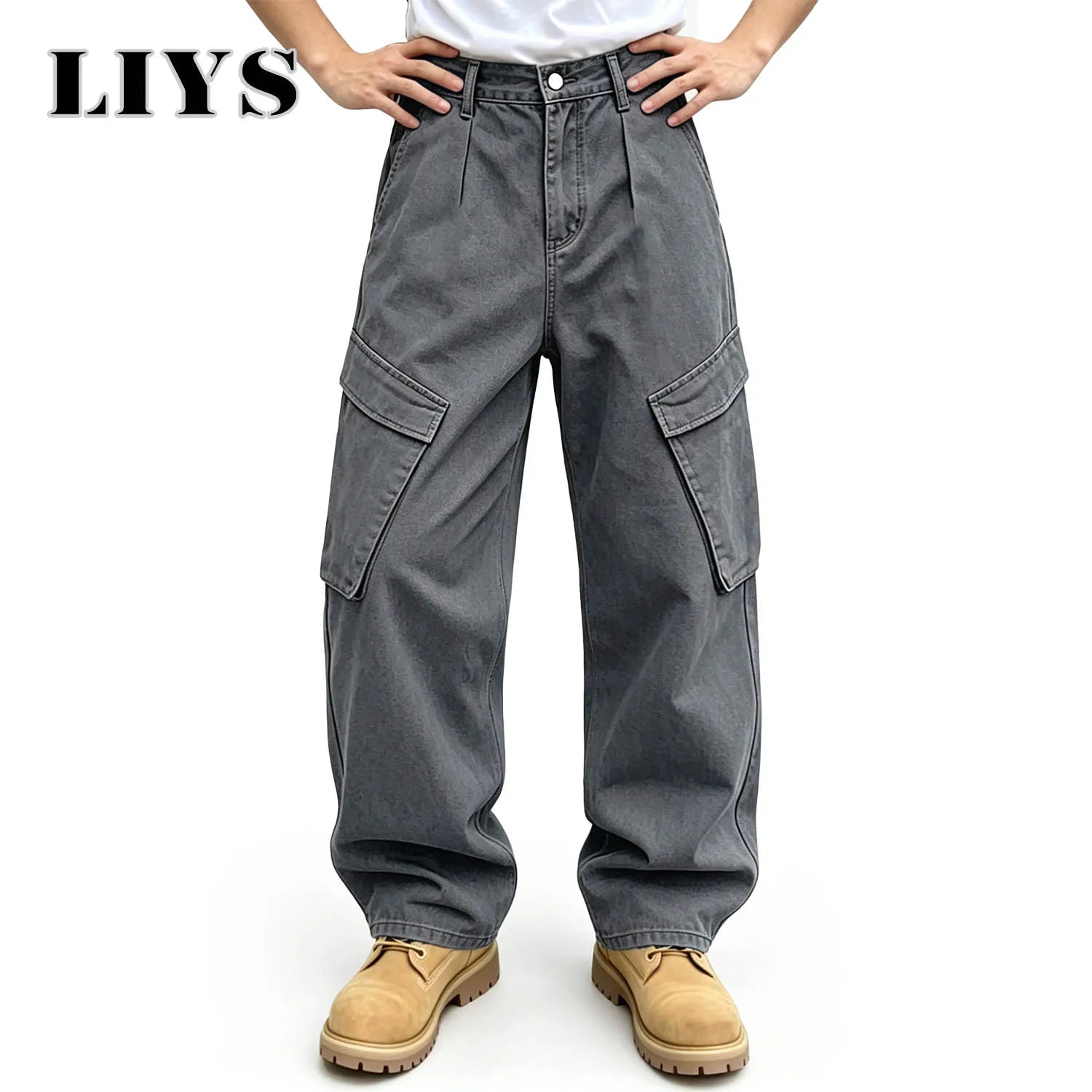 LIYS Men's American Fashion Brand Minimalist Retro High Street Gray Toned Workwear Washed Jeans Loose Wide Leg Straight Tube