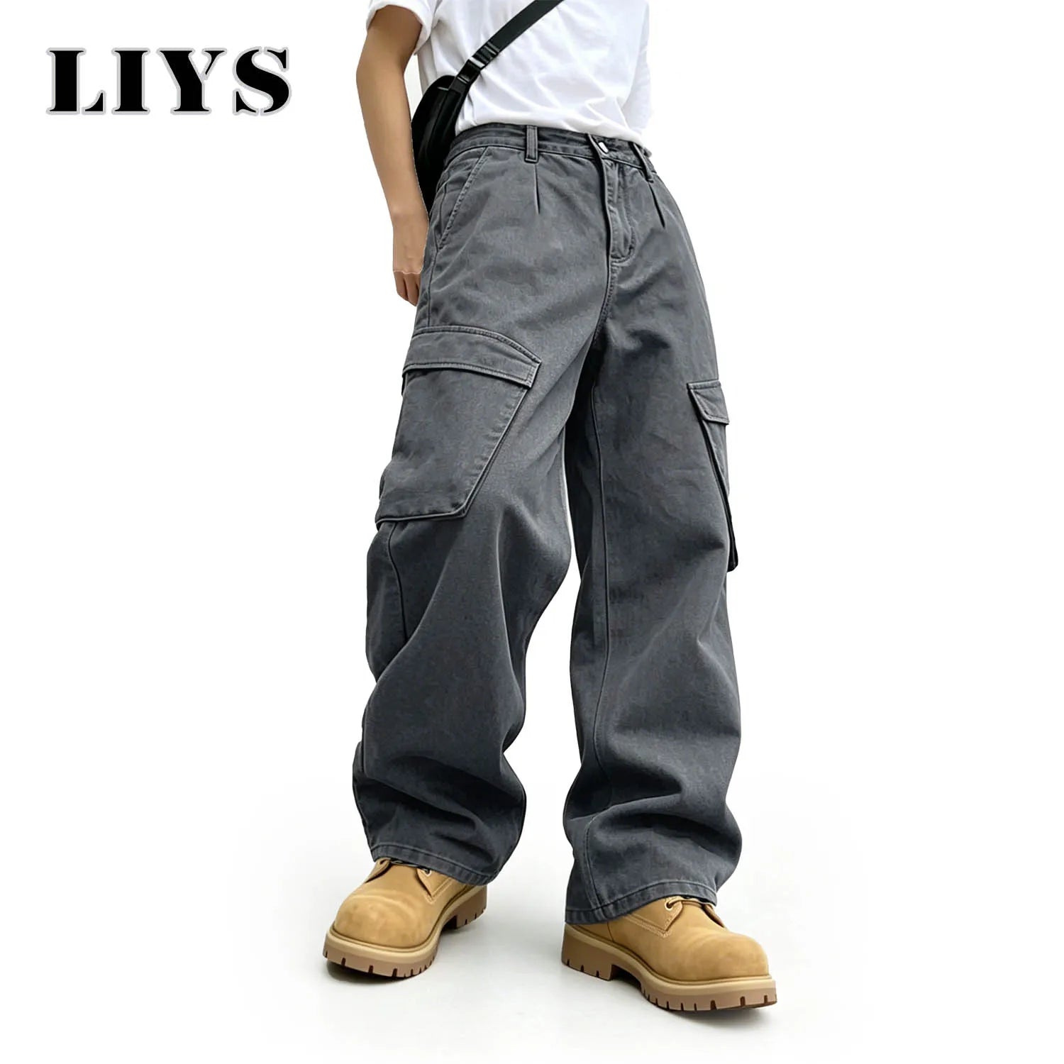 LIYS Men's American Fashion Brand Minimalist Retro High Street Gray Toned Workwear Washed Jeans Loose Wide Leg Straight Tube