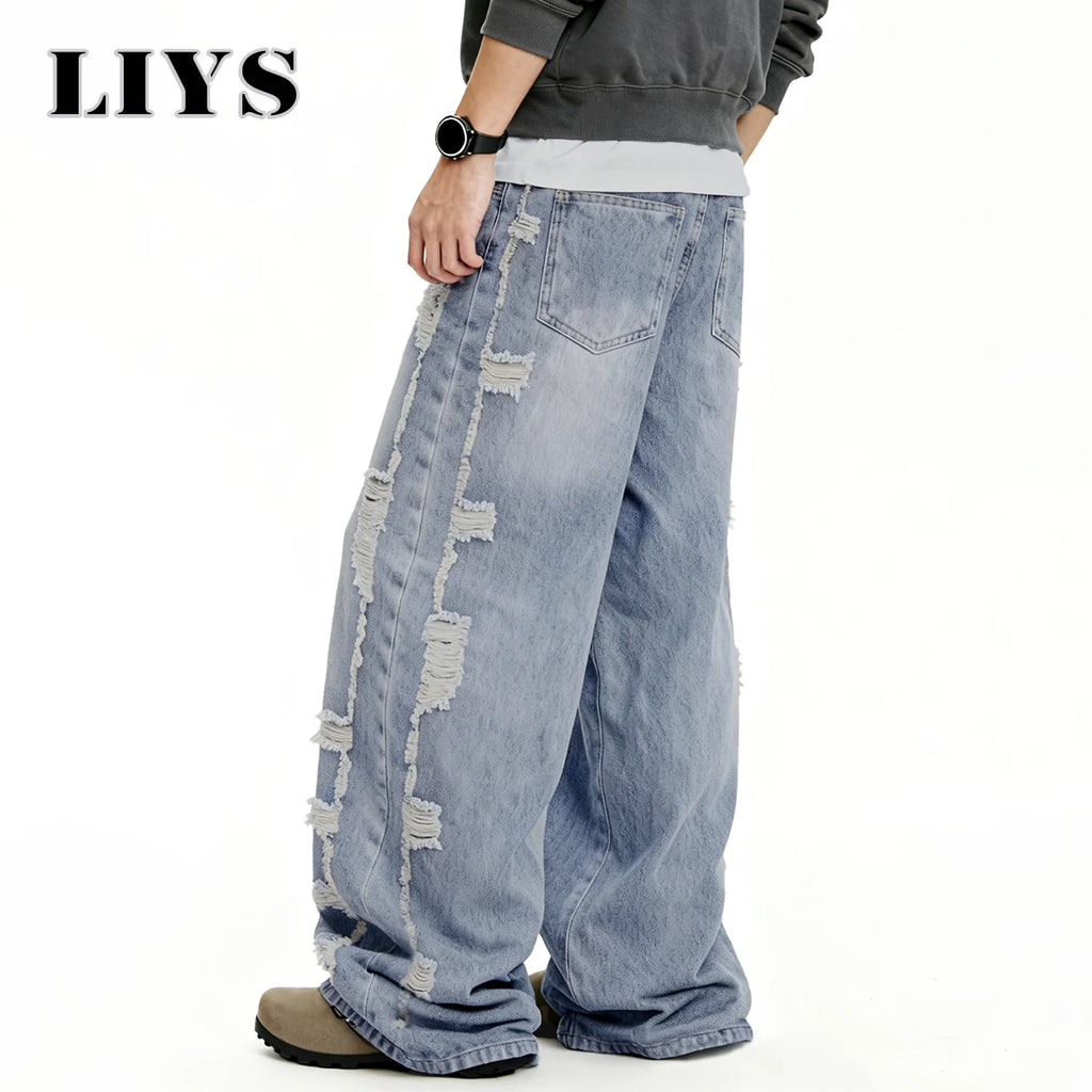 Men's American Retro High Street Blue Baggy Wide Leg Jeans Korean Side Ripped Loose Jeans Personalized Design Unisex Denim Pants