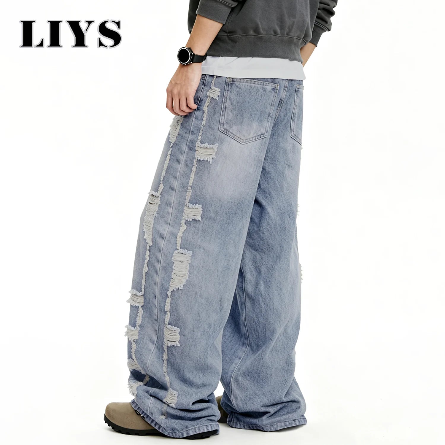 Men's American Retro High Street Blue Baggy Wide Leg Jeans Korean Side Ripped Loose Jeans Personalized Design Unisex Denim Pants
