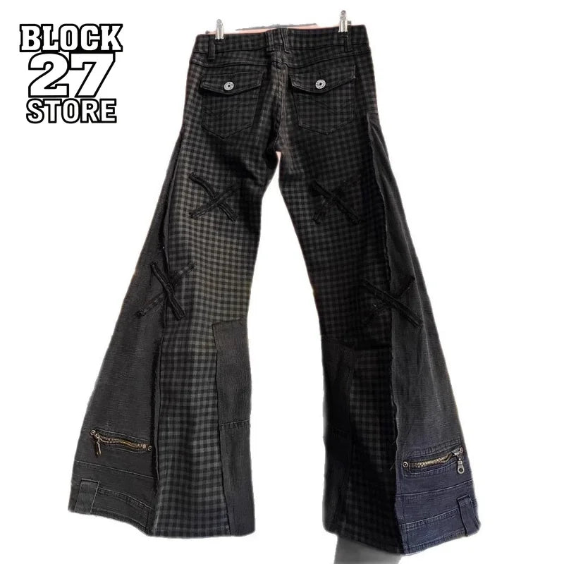 Mens Jeans Y2K Dark Plaid Patchwork Flared Denim Pants Harajuku Unisex Loose Fit Vintage Streetwear Casual Fashion Trend Arrival