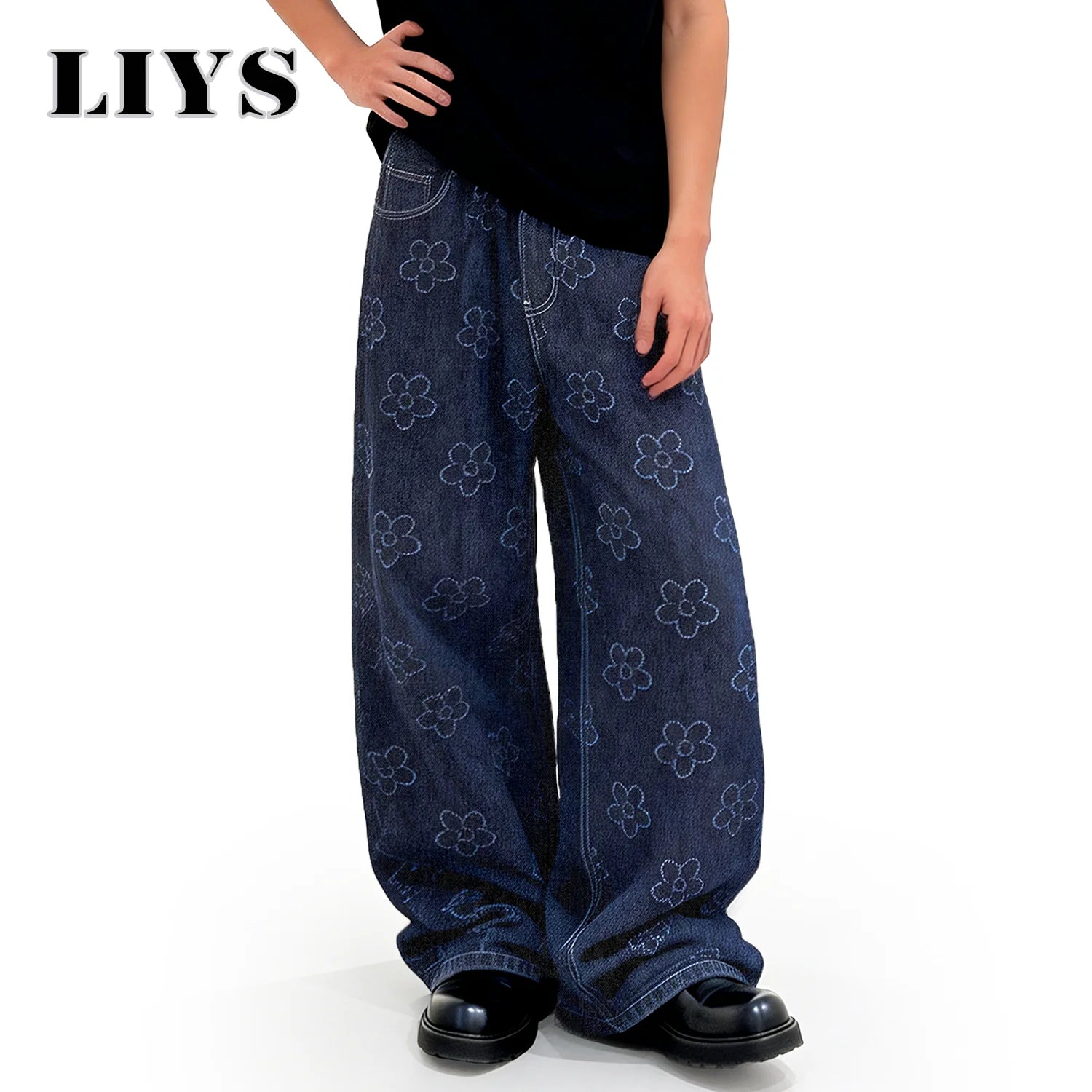 LIYS Japanese-Korean Style Men's Baggy Jacquard Wide-leg Jeans With Floral Crochet Fabric American Retro Style Unisex Pants