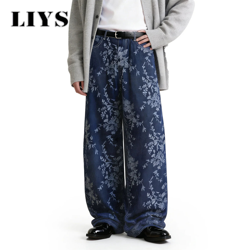 LIYS Japanese Korean Style Orchid Jacquard Fabric Baggy Wide-leg Jeans American Retro Jacquard Wide-leg Casual Denim Pants