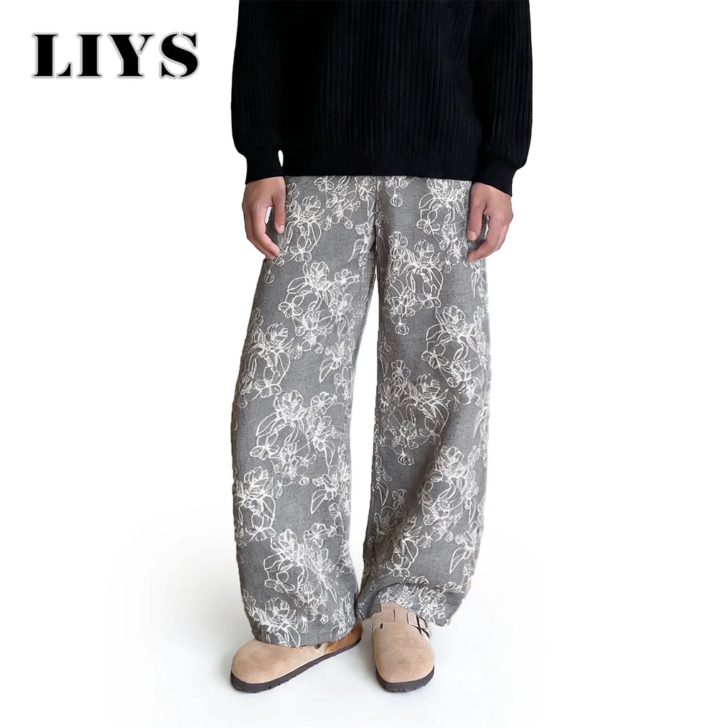 LIYS New Japanese Korean Style Floral Jacquard Fabric Baggy Straight-Leg Jeans American Retro Daily Casual Denim Pants Unisex